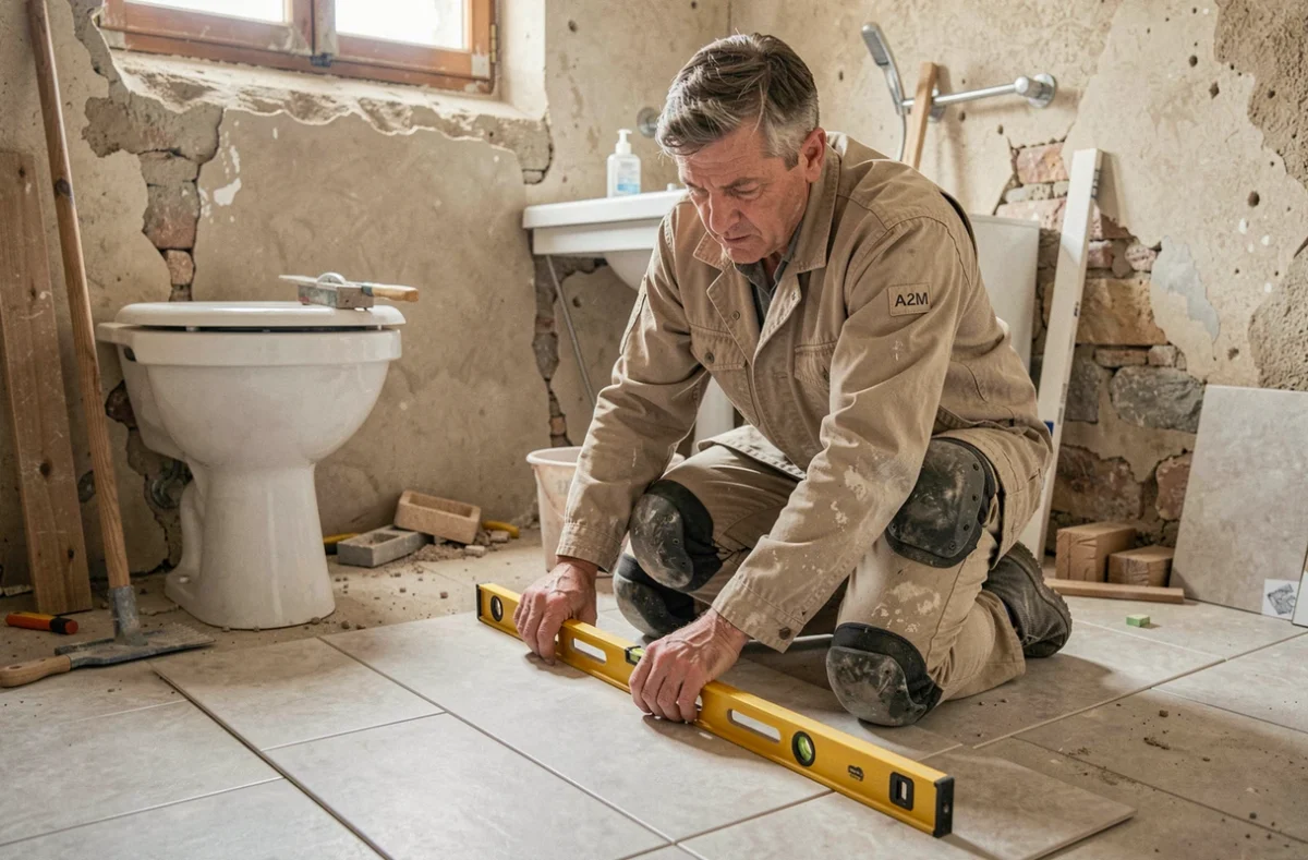 Ouvrier A2M Rénovation posant du carrelage dans une salle de bain en rénovation dans le Vaucluse