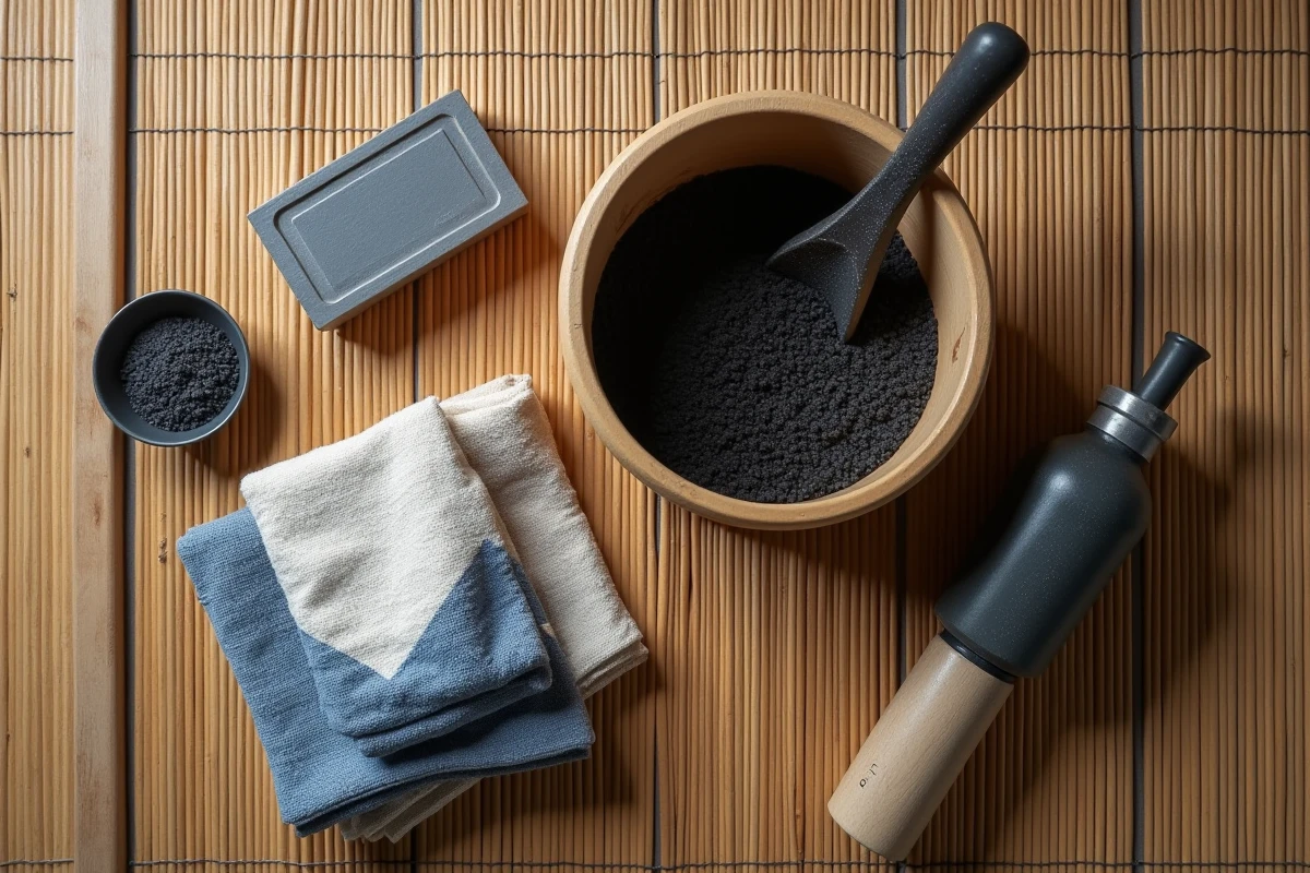 Accessoires de bain japonais traditionnels disposés sur tatami : seau en bois hinoki, tenugui indigo, savon au charbon et sels de bain pour l'onsen