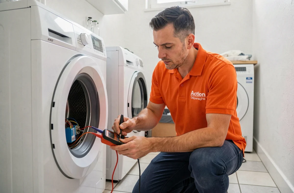 Technicien Action Dépannage testant un sèche-linge avec un multimètre dans un appartement parisien