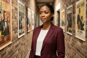 Actrice française d'origine nord-africaine dans un couloir de studio de cinéma parisien, représentant la diversité au cinéma français