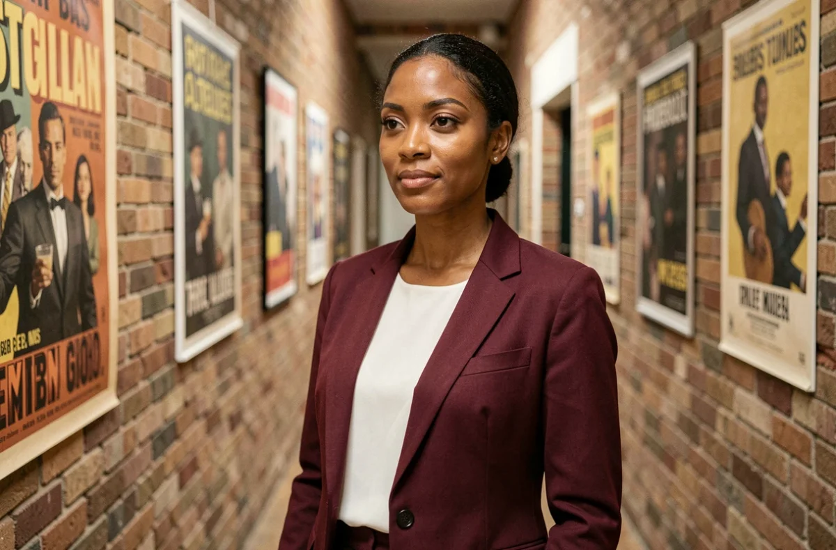 Actrice française d'origine nord-africaine dans un couloir de studio de cinéma parisien, représentant la diversité au cinéma français