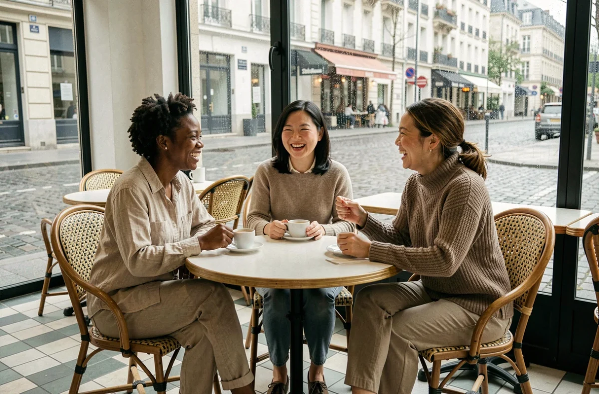 Trois actrices françaises de différentes origines ethniques réunies dans un café parisien, symbole de la diversité croissante du cinéma français