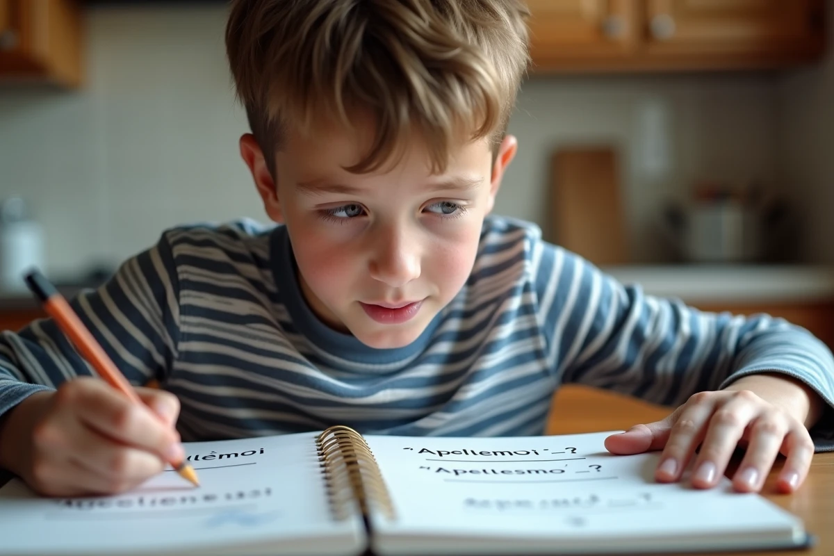 Adolescent français étudiant la grammaire dans la cuisine