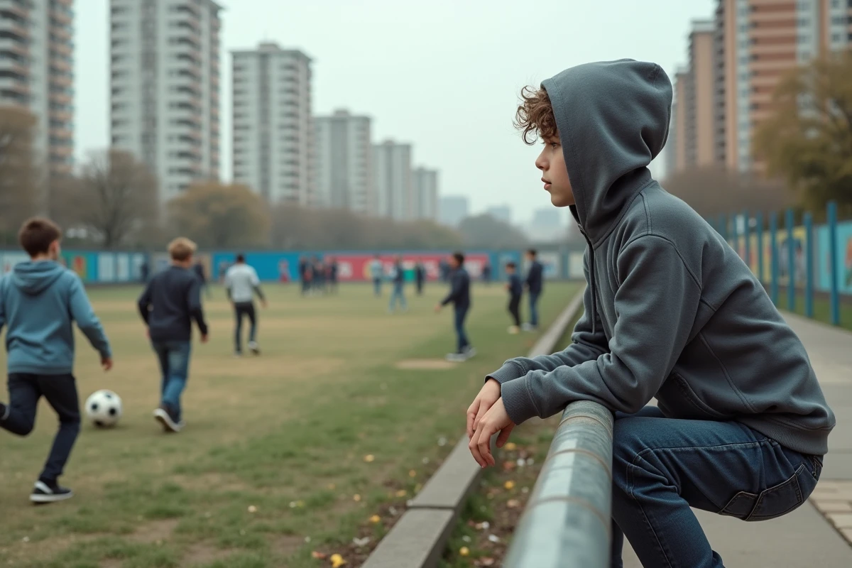 Jeune garçon en streetwear regardant un match de foot à Mille