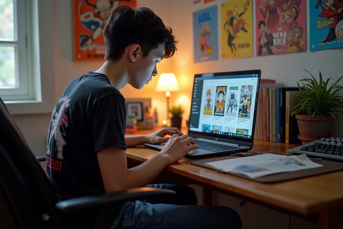 Adolescent lisant des mangas gratuits en ligne sur un ordinateur portable dans une chambre d'étudiant décorée de posters d'anime