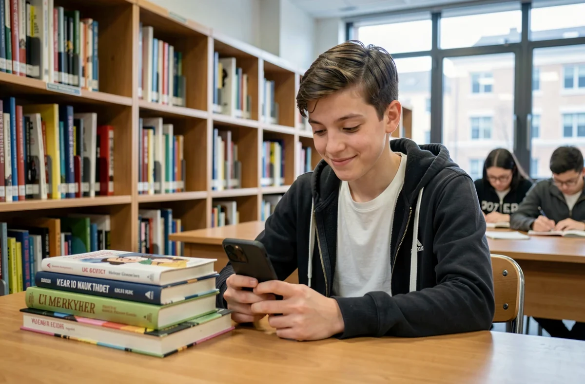 Adolescent découvrant les webtoons légalement sur smartphone dans une bibliothèque scolaire avec l'application elipson Scan