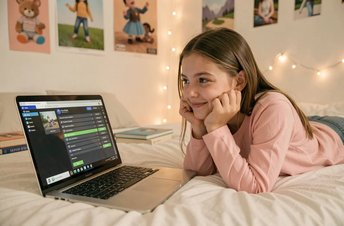 Adolescente souriante jouant aux Sims 4 sur un ordinateur portable posé sur son lit, avec les options de l'interface du jeu affichées à l'écran