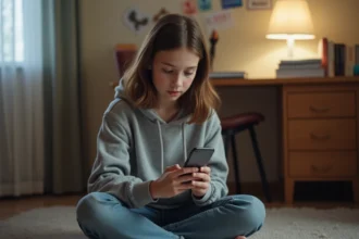 Adolescente assise sur le sol de sa chambre, absorbée par la lecture de contenu sur son smartphone, illustrant la consommation de médias en ligne chez les jeunes