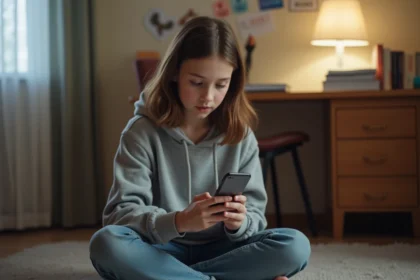 Adolescente assise sur le sol de sa chambre, absorbée par la lecture de contenu sur son smartphone, illustrant la consommation de médias en ligne chez les jeunes