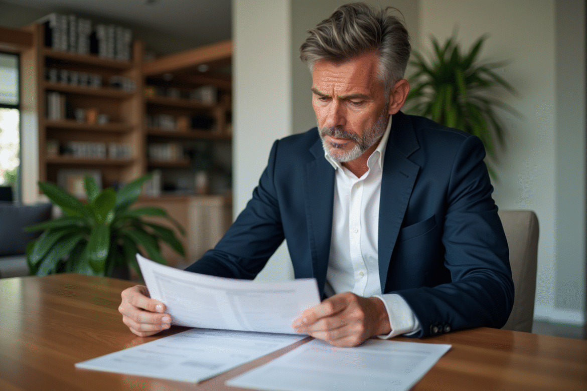 Agent immobilier en train d'examiner des papiers dans un salon moderne