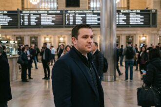 Agent de sécurité portant un gilet discret sous un blazer sombre dans une gare animée, illustrant le port dissimulé d'équipement de protection