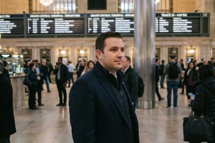 Agent de sécurité portant un gilet discret sous un blazer sombre dans une gare animée, illustrant le port dissimulé d'équipement de protection