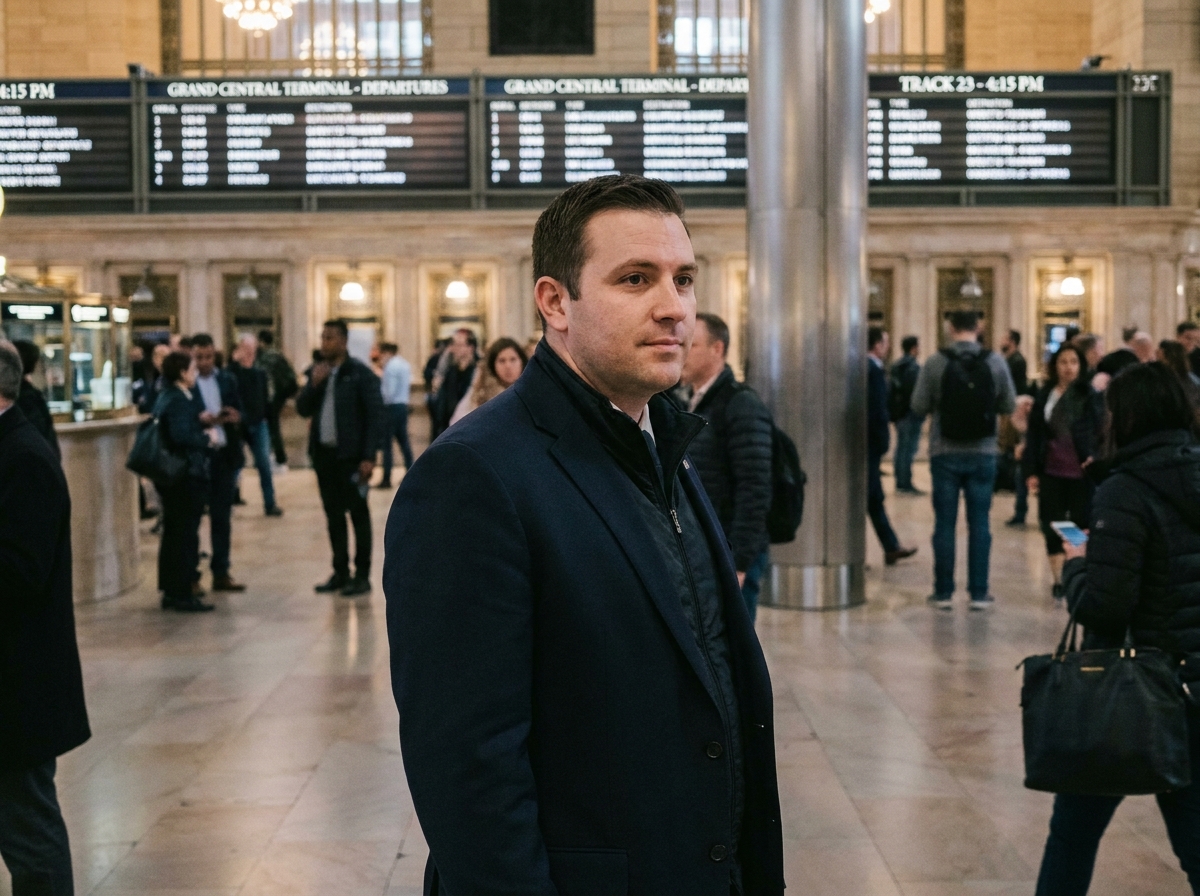 Agent de sécurité portant un gilet discret sous un blazer sombre dans une gare animée, illustrant le port dissimulé d'équipement de protection