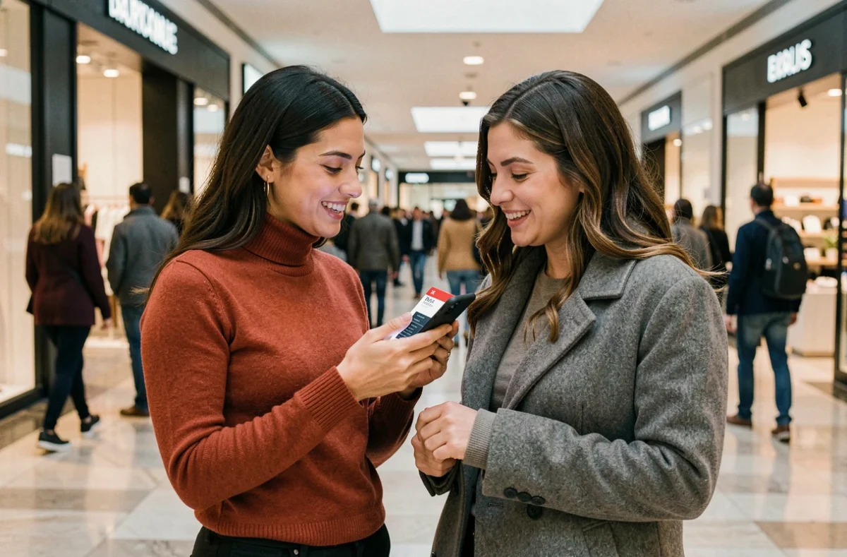 Deux amies consultant une carte cadeau Kadéos Edenred dans un centre commercial