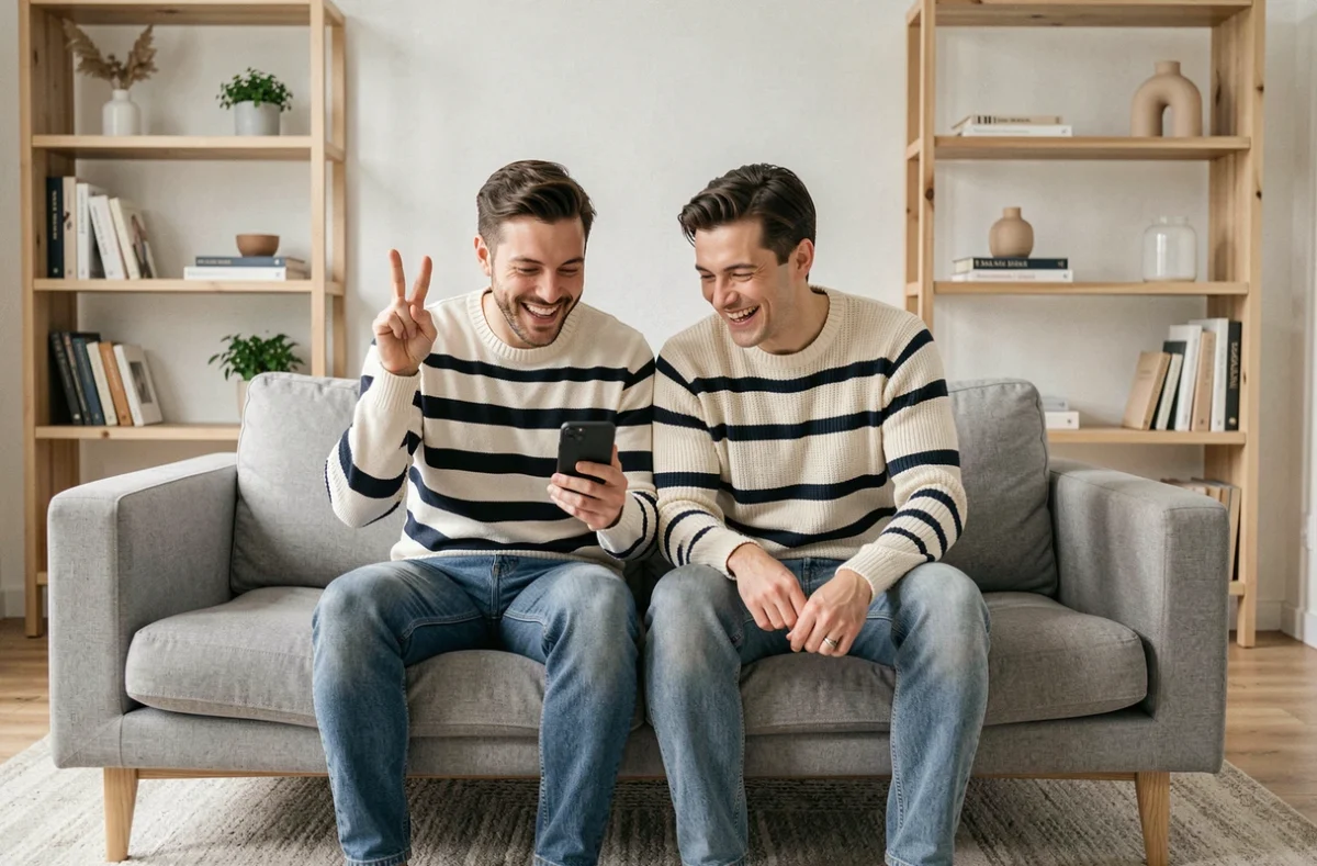 Deux amis sur un canapé regardant un smartphone et faisant le geste des doigts croisés, emoji chance entre proches