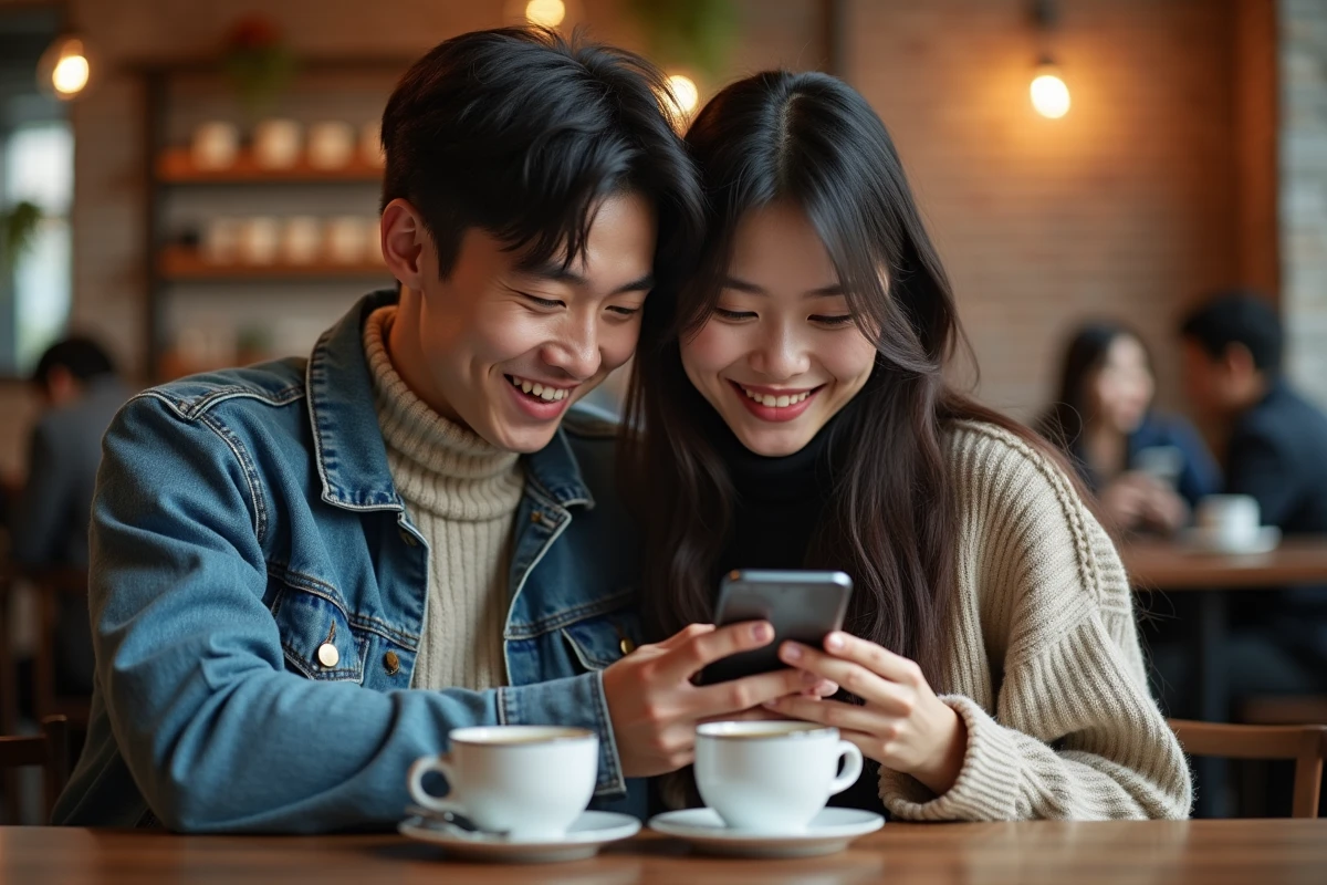 Deux amis partageant la lecture d'un manga gratuit en ligne sur smartphone dans un café urbain