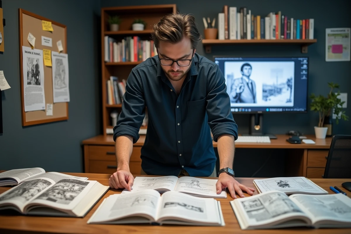 Homme analysant des volumes manga sur un bureau organisé, avec des références visuelles et des planches affichées dans un espace de travail moderne