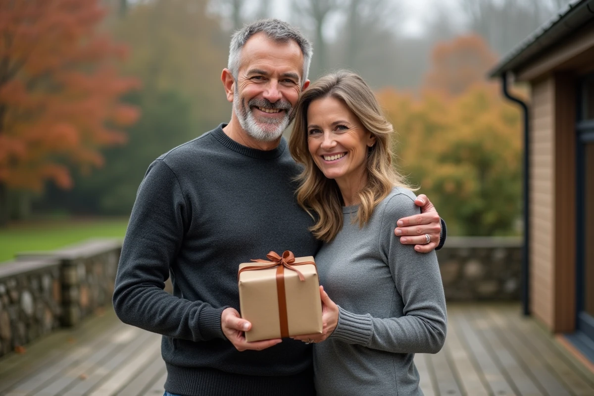 Couple d'anniversaire sur une terrasse en bois en automne, l'homme reçoit un cadeau romantique de sa partenaire