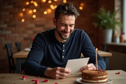 Homme d'anniversaire lisant une carte romantique devant un gâteau avec bougie dans un intérieur chaleureux en brique