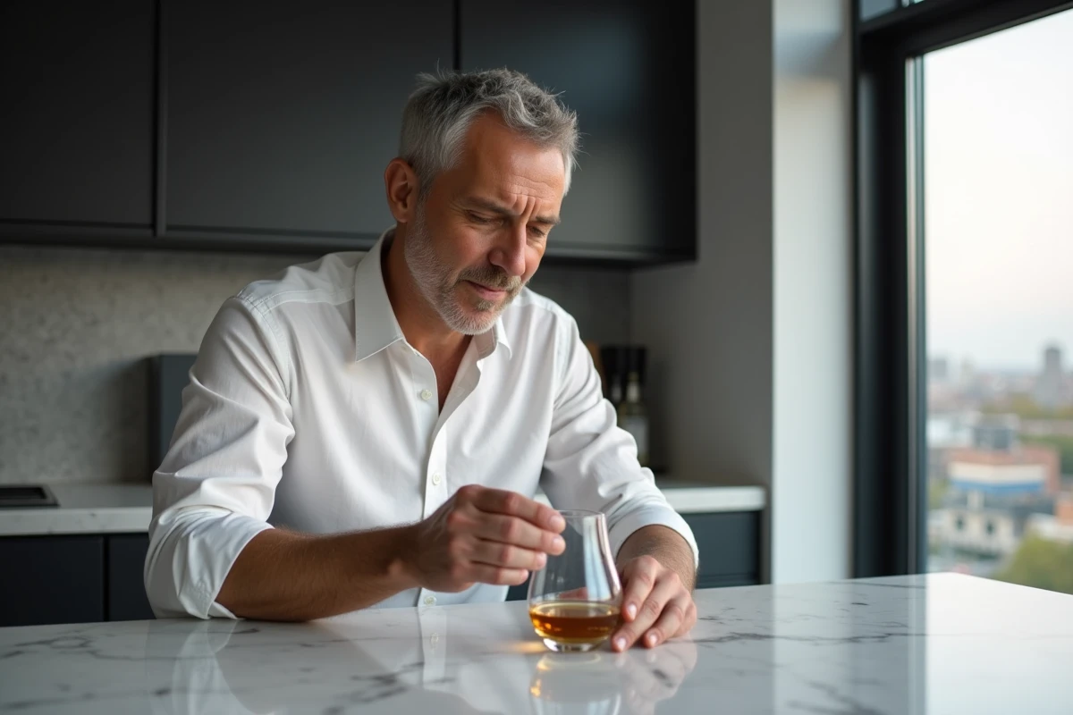 Homme mature aux tempes grisonnantes lisant une carte d'anniversaire romantique dans une cuisine moderne avec un verre de whiskey