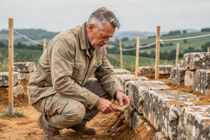 Archéologue examinant des vestiges gallo-romains lors d'une fouille en plein air dans la campagne jurassienne, évoquant les recherches sur la localisation d'Alésia