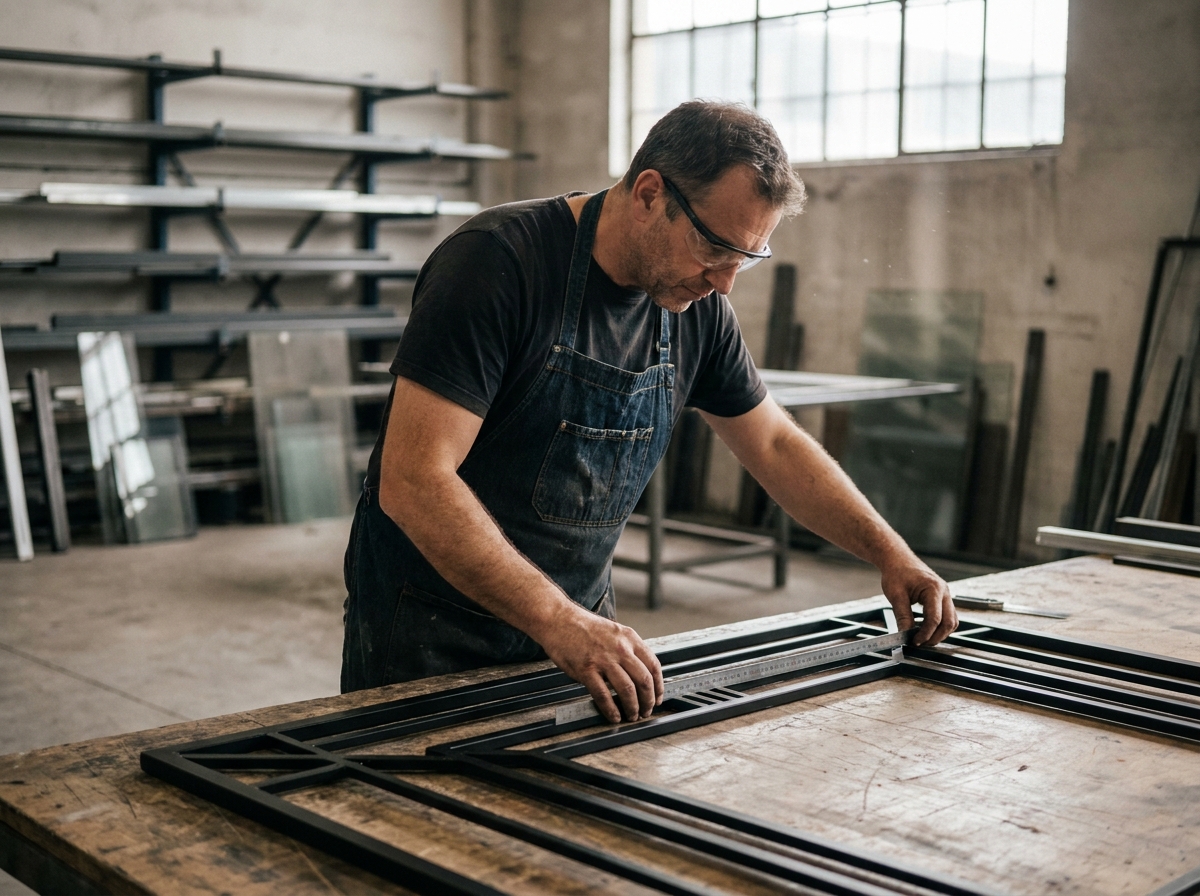 Artisan menuisier métallier mesurant un cadre de verrière art déco en atelier de fabrication sur mesure