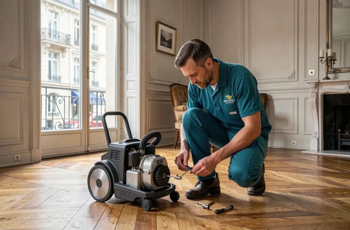Technicien Aspi Eiffel Services réparant un aspirateur dans un appartement haussmannien parisien