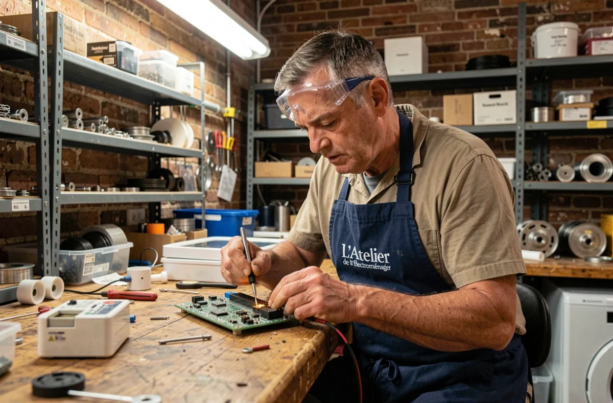 Artisan de L'Atelier de l'Électroménager réparant une carte électronique dans son atelier parisien