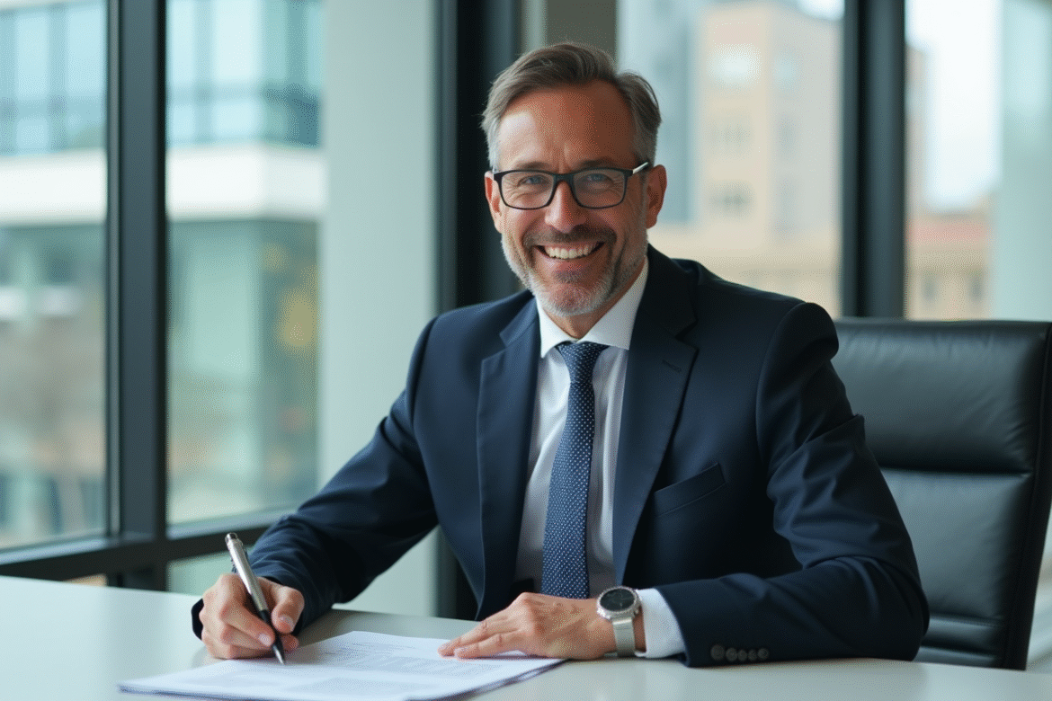 Avocat d'affaires souriant dans un bureau moderne avec documents immobiliers
