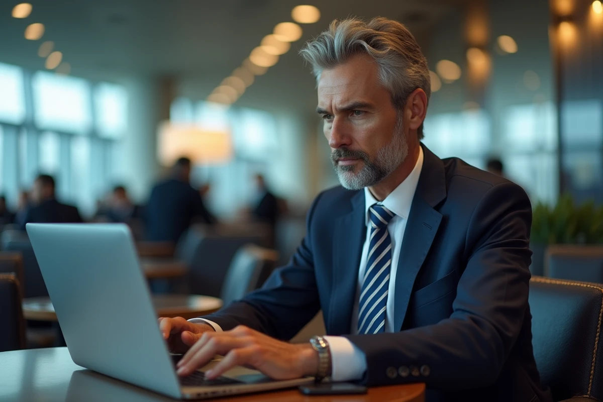 Avocat homme en costume dans un aéroport avec ordinateur portable