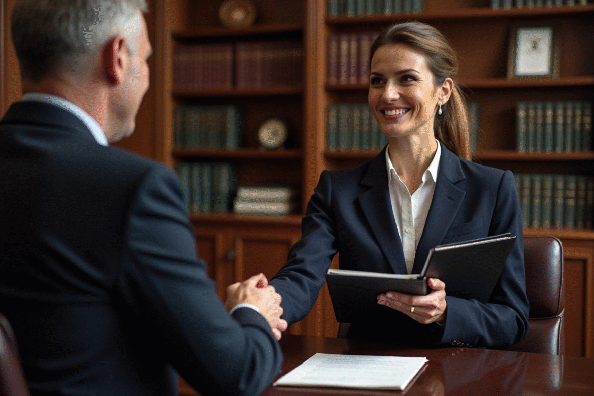 Femme en blazer bleu serrant la main d'un notaire dans un bureau élégant