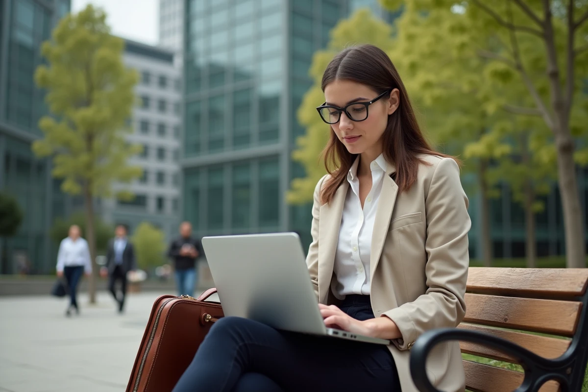 Jeune avocate connectant en public dans un parc urbain