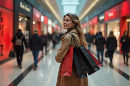 Femme faisant ses achats lors du Black Friday 2026 dans un centre commercial français avec des promotions affichées