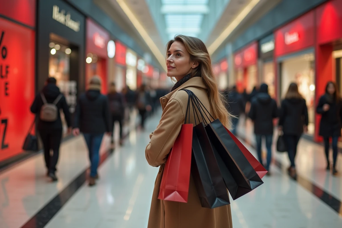 Femme faisant ses achats lors du Black Friday 2026 dans un centre commercial français avec des promotions affichées