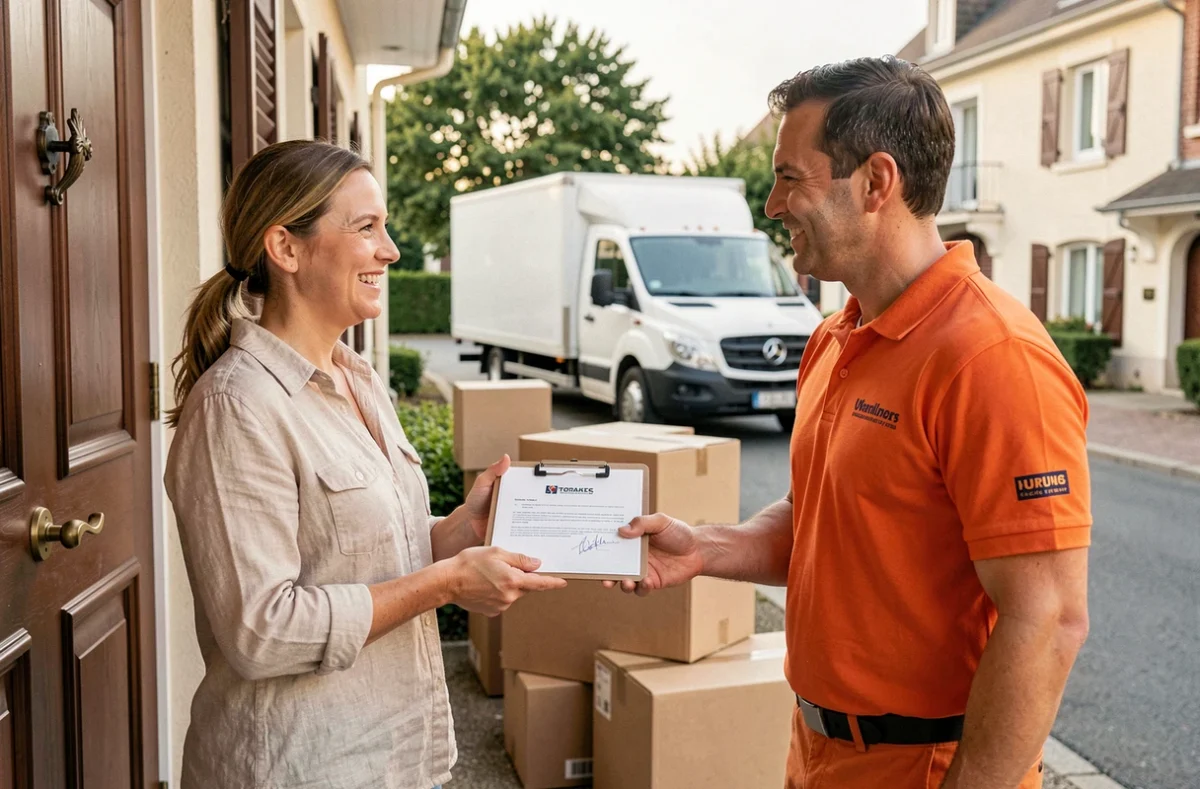 Cliente satisfaite signant un document de déménagement avec un employé de Bonjour Déménagement devant sa nouvelle maison