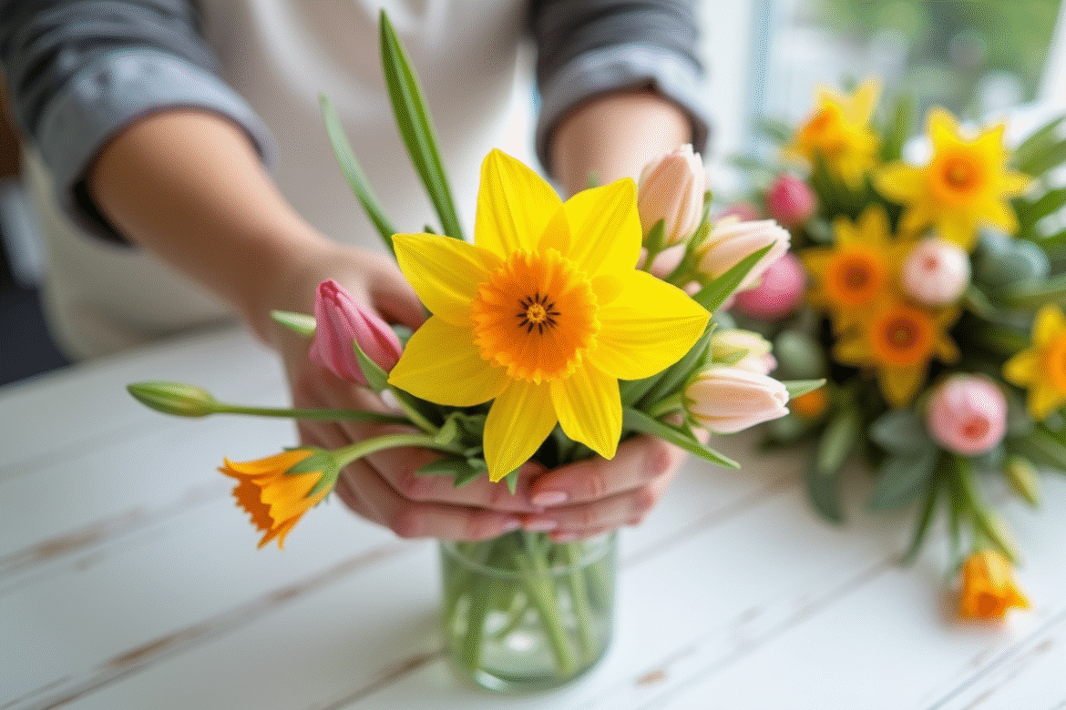 Main de fleuriste avec bouquet de narcisse lumineux