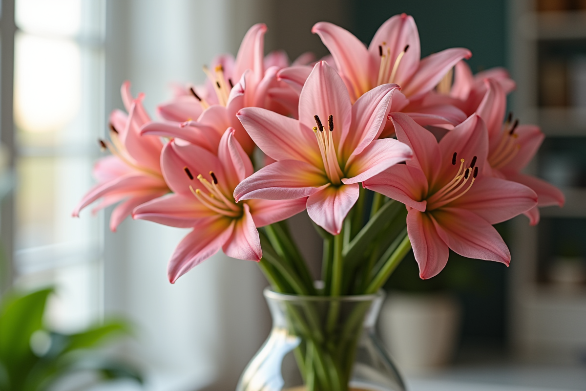 Bouquet de nerines dans un vase en gros plan
