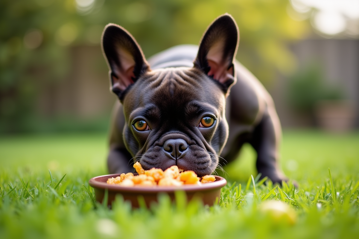 Bulldog exotique mangeant dans un jardin en plein air