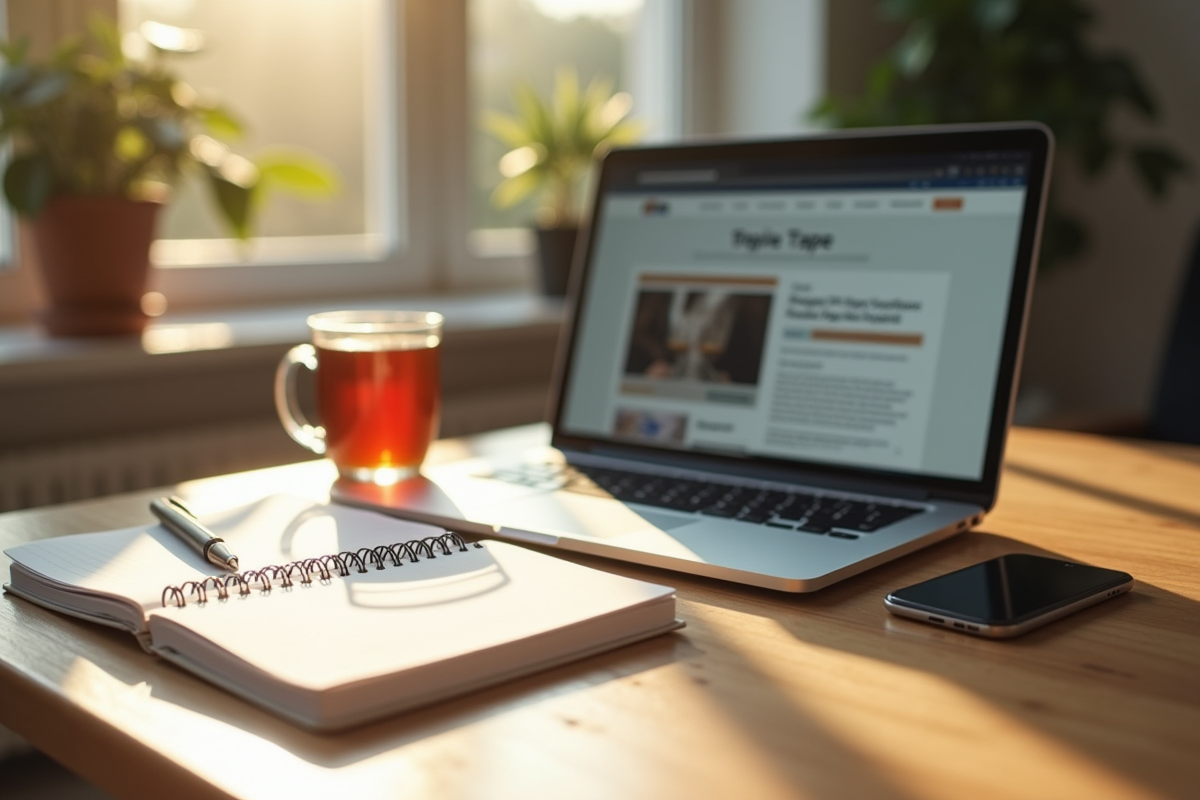 Espace de travail avec carnet stylo et tasse de thé au soleil