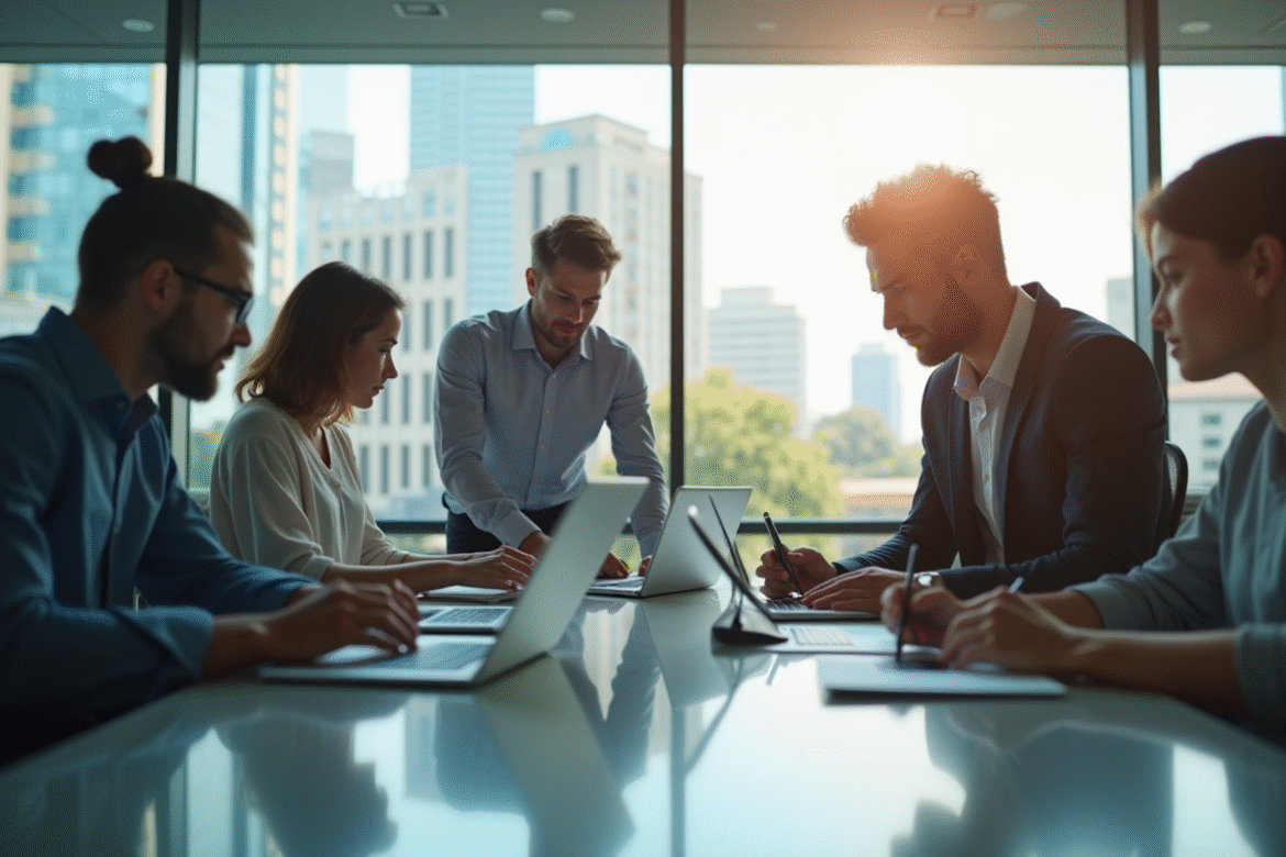 Espace de travail moderne avec equipe Air France collaborant