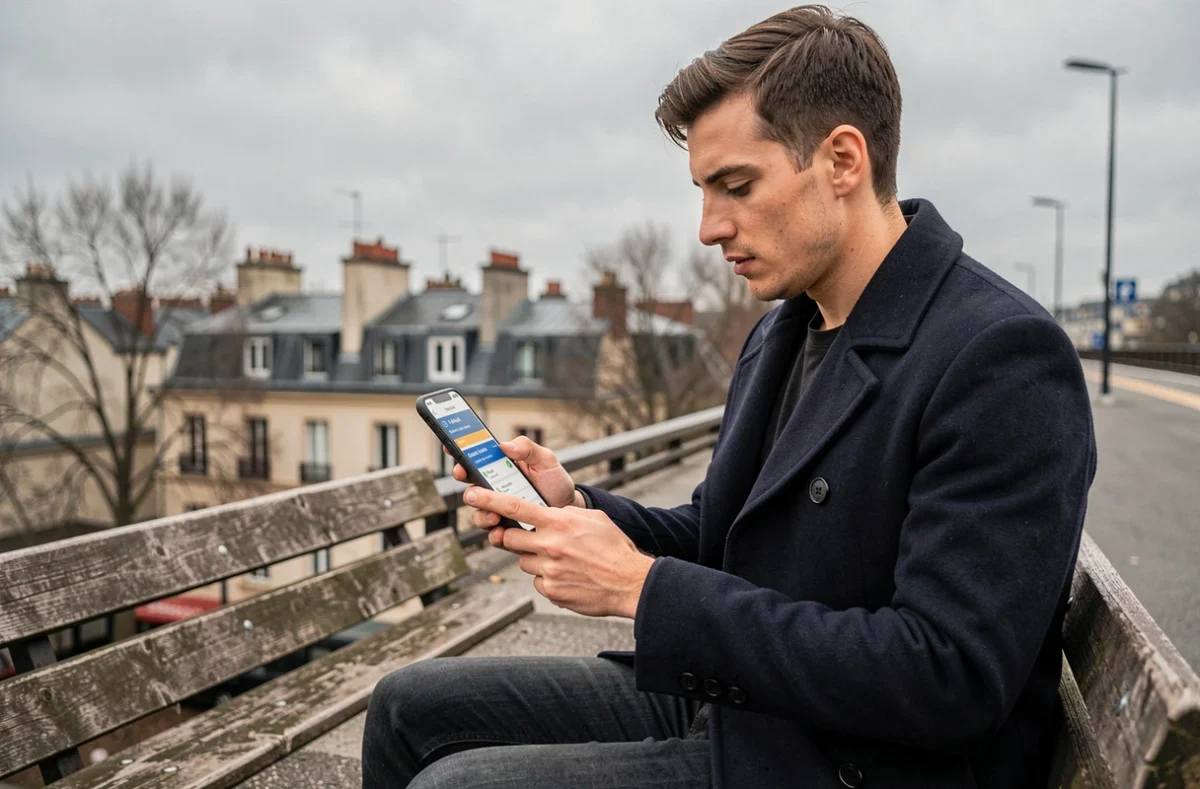 Jeune cadre consultant les perturbations du RER sur son smartphone en attendant sur le quai