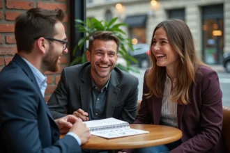 Trois adultes rient autour d un café avec un carnet de dessins