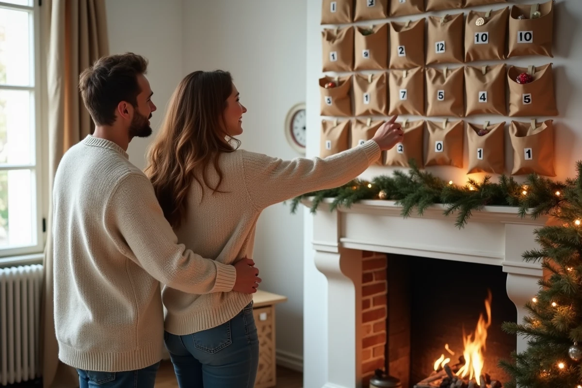 Couple découvrant ensemble leur calendrier de l'Avent Française des Jeux accroché au mur d'un salon décoré pour Noël