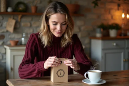 Femme ouvrant une case du calendrier de l'Avent Française des Jeux sur une table en bois dans un intérieur cosy