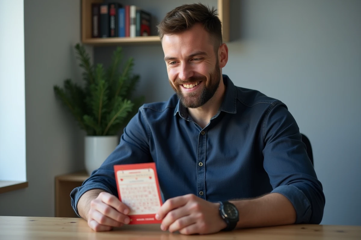 Homme examinant un ticket à gratter issu du calendrier de l'Avent FDJ dans un appartement moderne