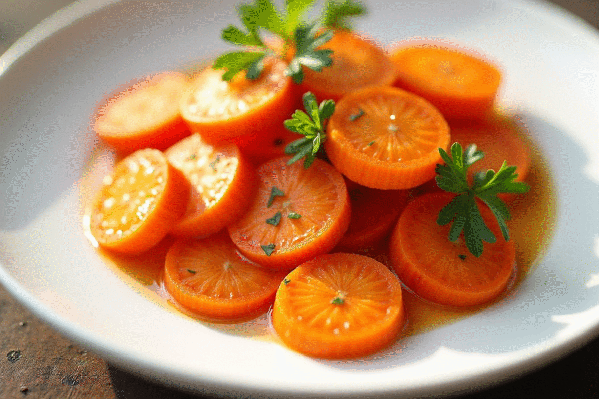 Assiette de carottes vichy bien présentée en cuisine