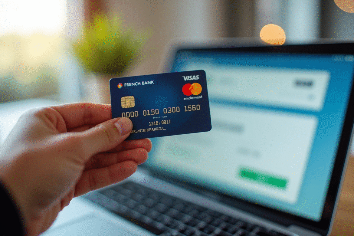 Main tenant une carte bancaire française devant un ordinateur