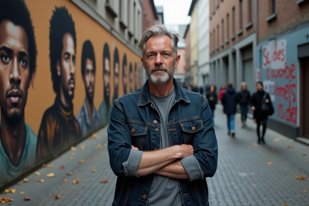 Chanteur engagé devant une fresque urbaine militante, illustrant la dimension sociale de l'œuvre de Michel Berger