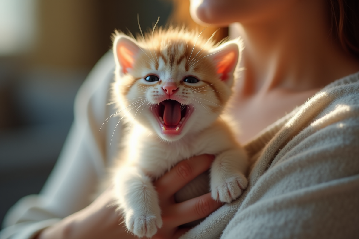 Chaton miaulant tenu par une personne dans un intérieur