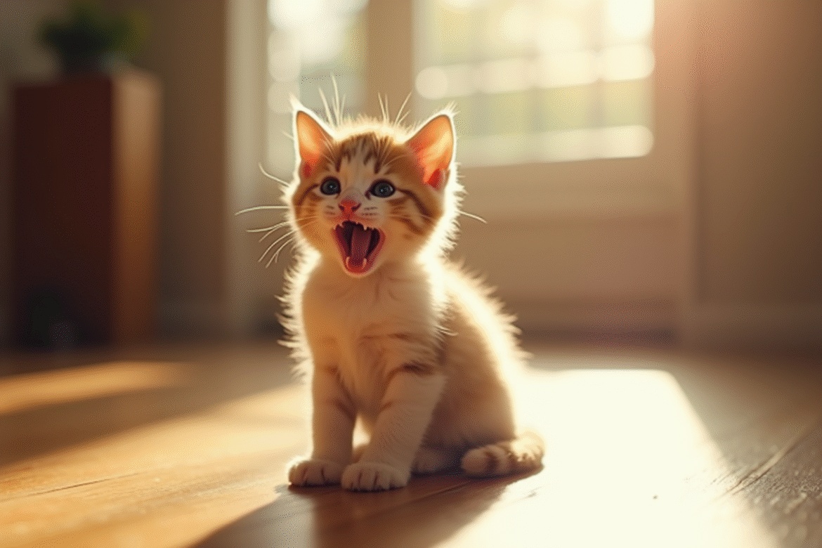 Chaton assis sur un sol en bois en plein soleil